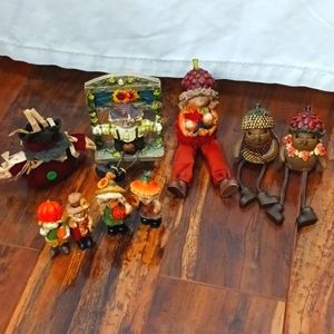 Lot of 9 vintage fall Halloween decorations figurines, scarecrows, pumpkin kids